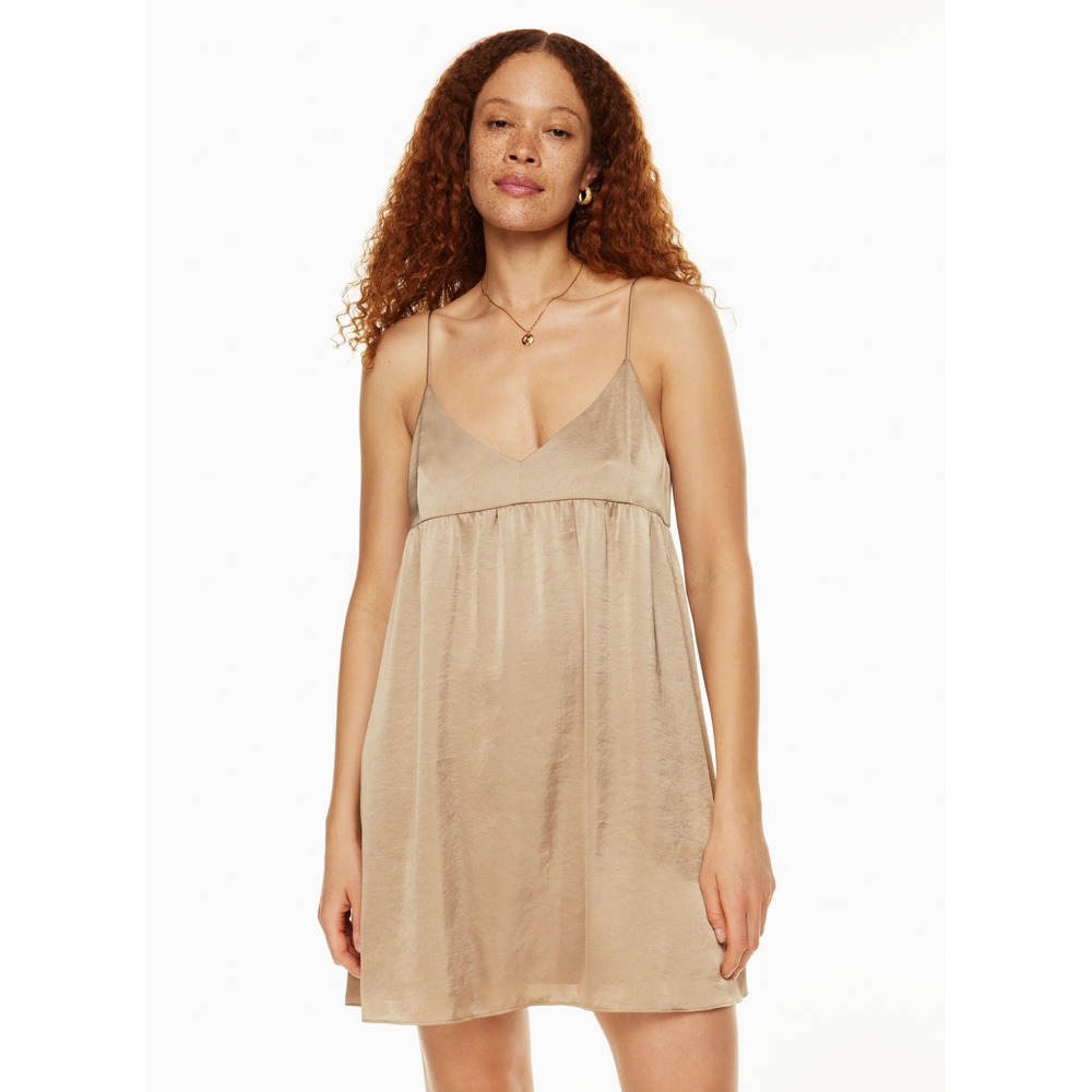 Aritzia Wilfred | Lover Satin Champagne Babydoll Mini Dress Empire Waist
